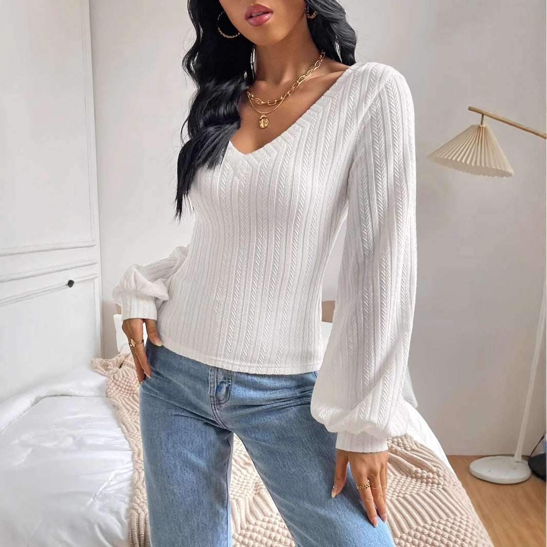 Spring And Autumn Bishop Sleeve V-neck Long Sleeve T-shirt