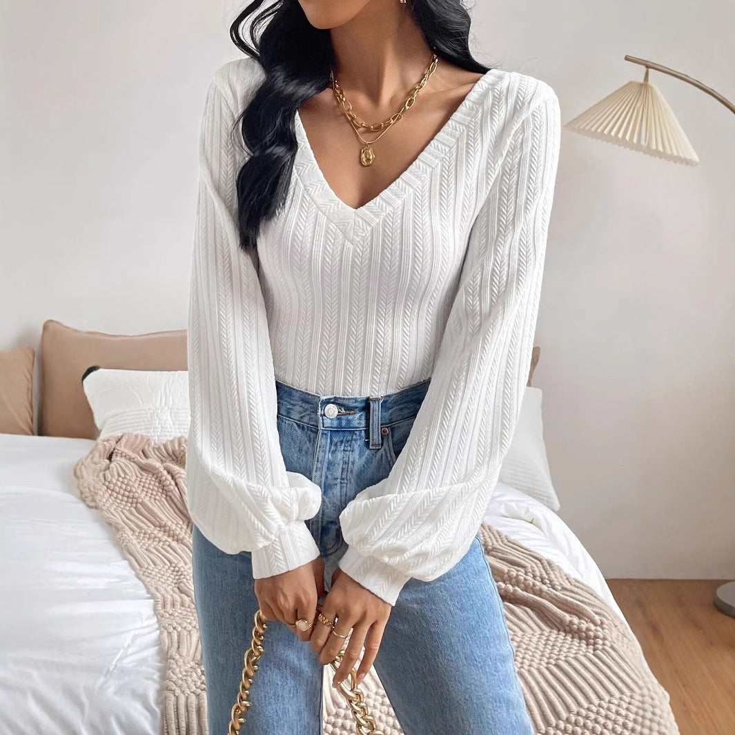 Spring And Autumn Bishop Sleeve V-neck Long Sleeve T-shirt