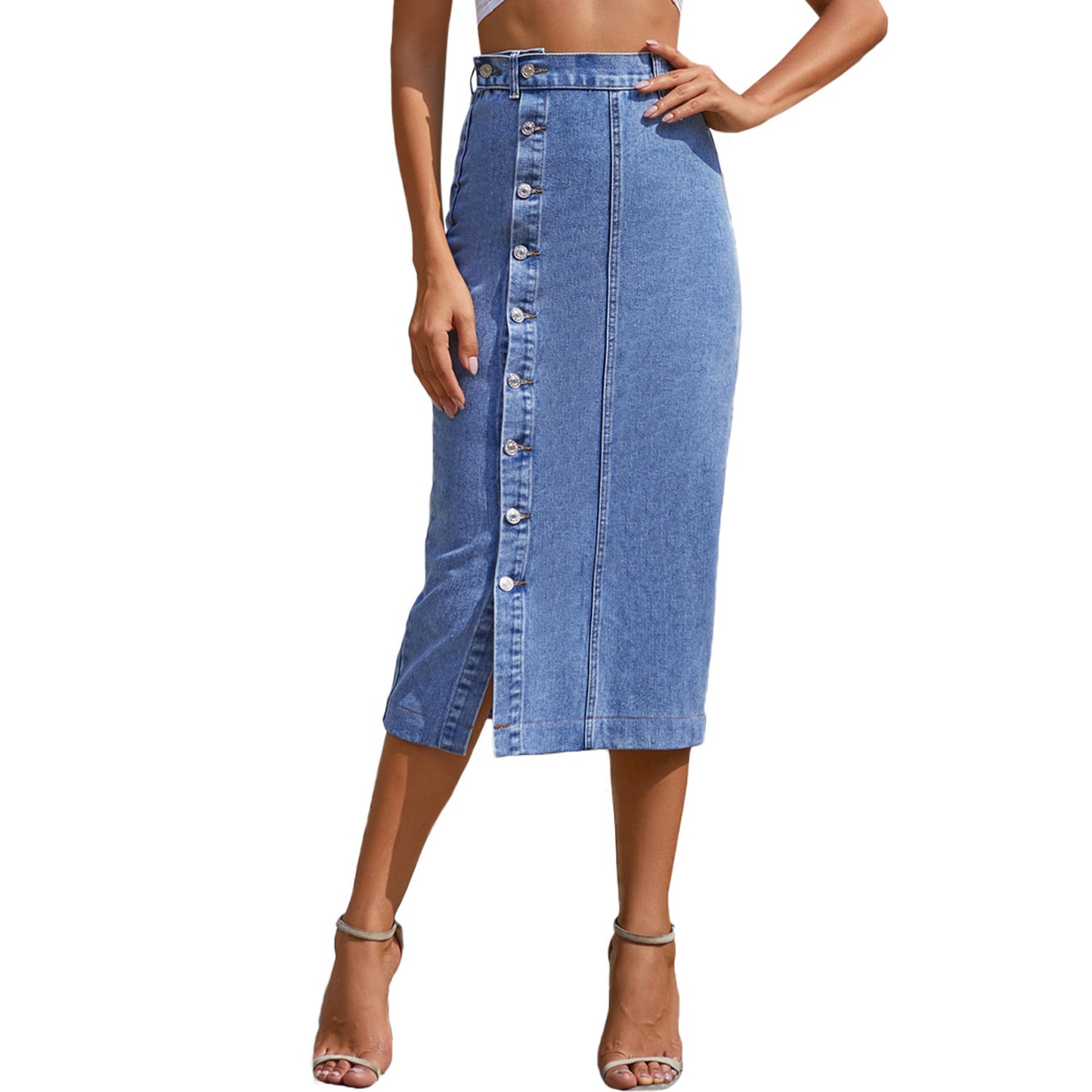 Button Slit denim High Waist Skirt