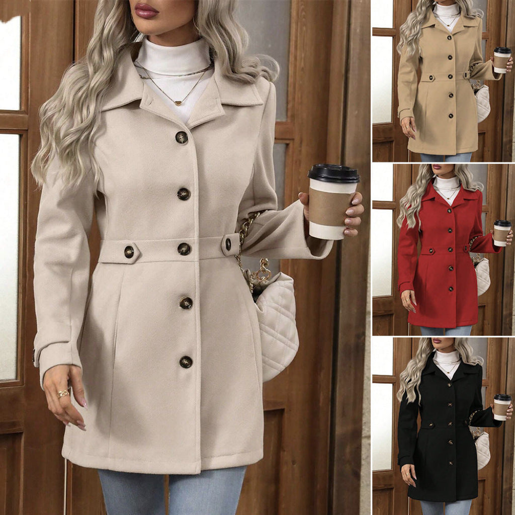 Elegant Woolen Coat Lapel Mid-length Jacket