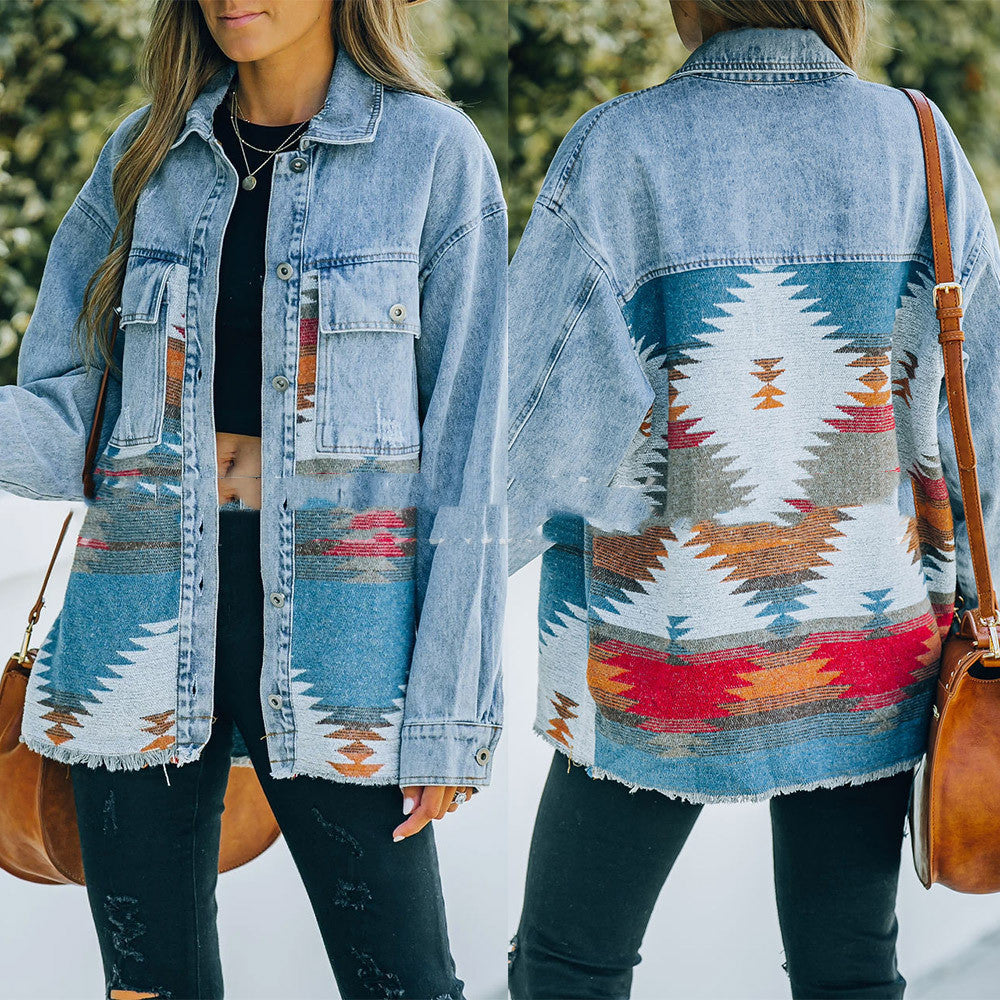 Lapel Denim Stitching Woolen Jacket