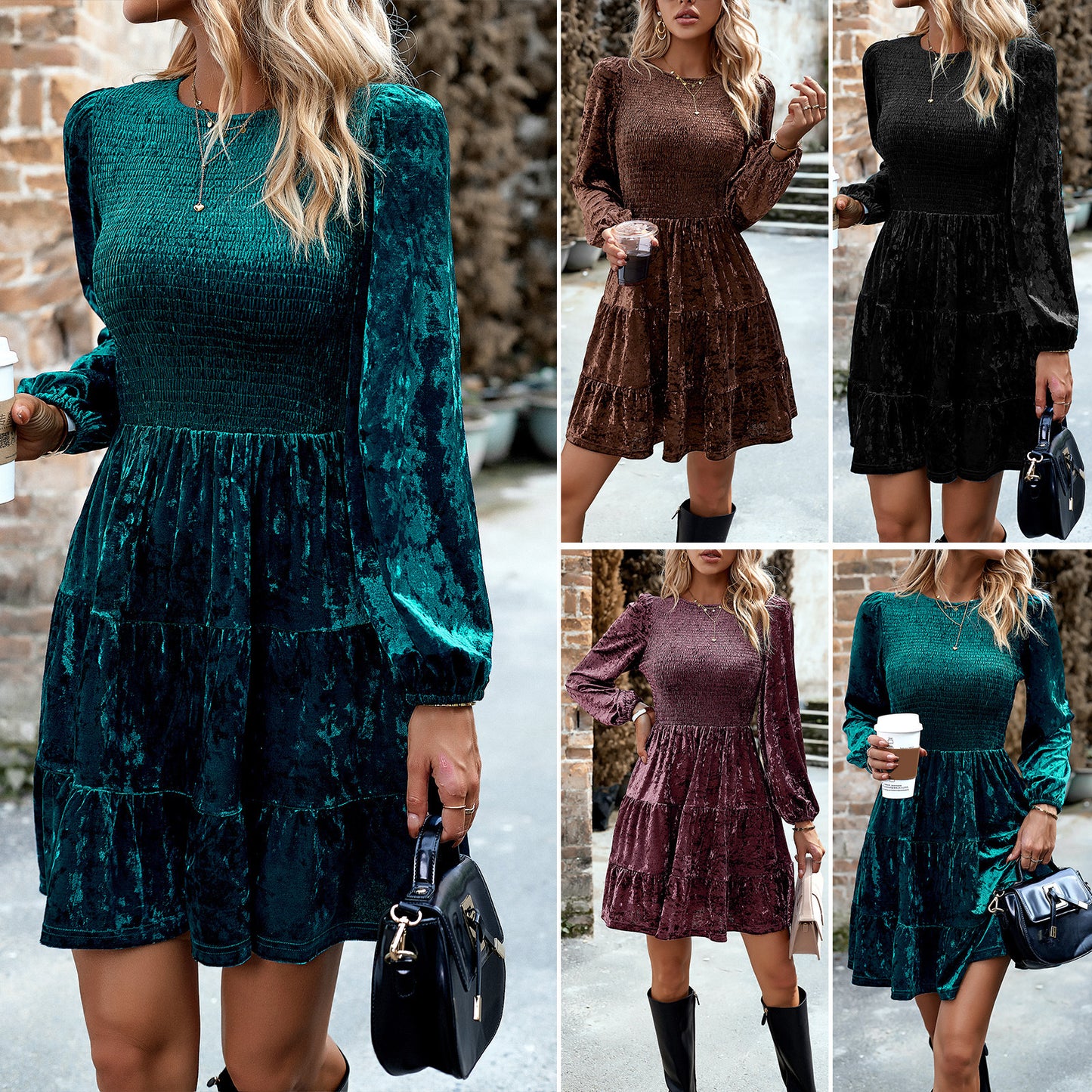 Women's Elegant Velvet Round Neck Dress