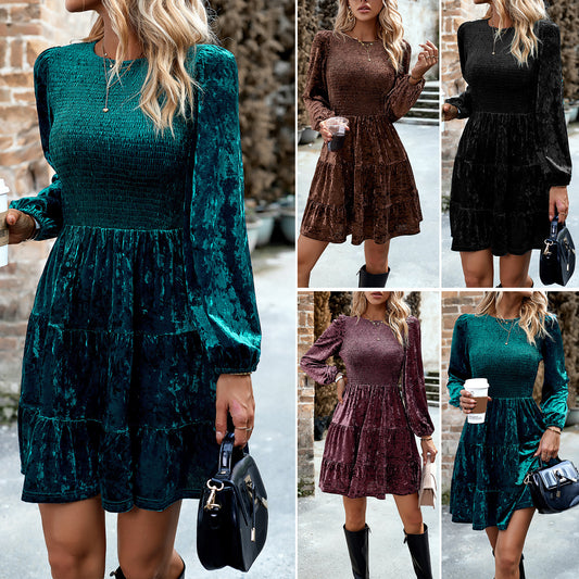 Women's Elegant Velvet Round Neck Dress