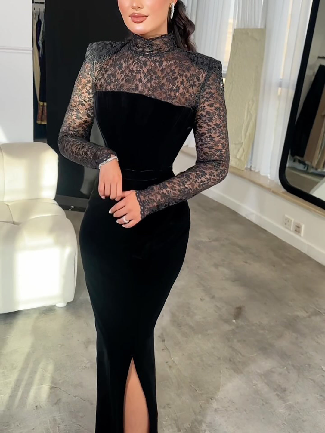 Black Long Sleeve Lace Velvet Dress Two Piece Set