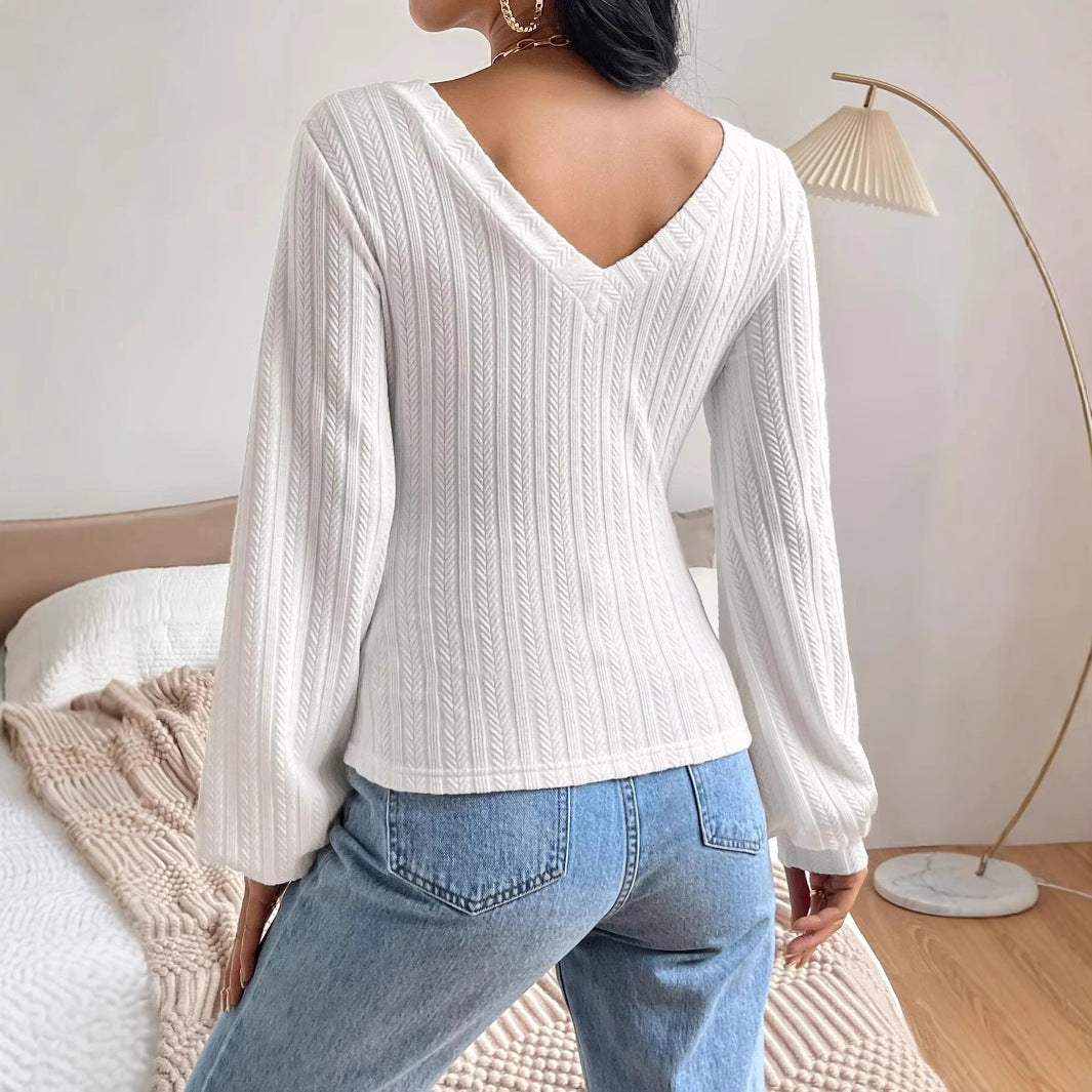 Spring And Autumn Bishop Sleeve V-neck Long Sleeve T-shirt