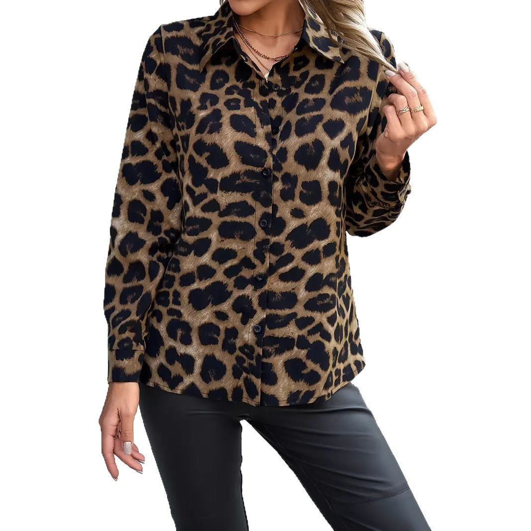 Leopard Print Collar Casual Long-sleeved Shirt