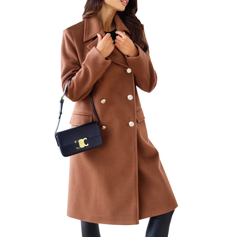 Long Sleeve Lapel Double Breasted Woolen Coat