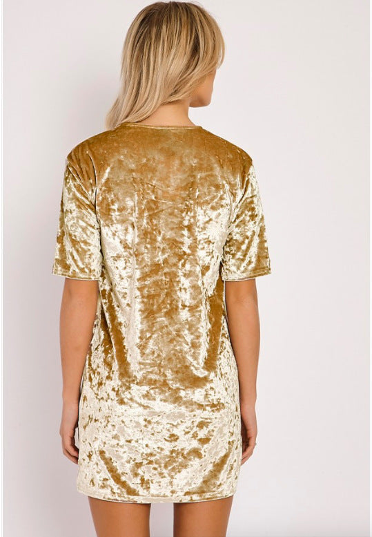 Summer Velvet Mini Short Sleeve Round Neck Dress