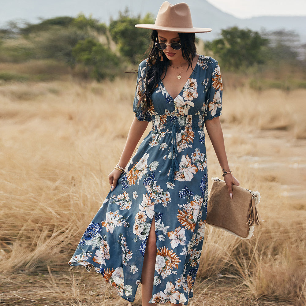 Floral Summer Beach Dress With V Neck and Elastic Waist