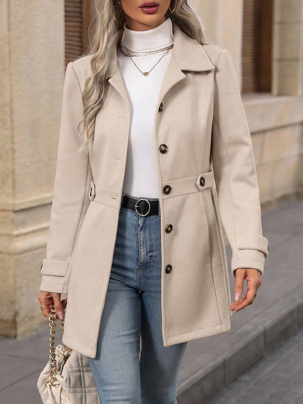 Elegant Woolen Coat Lapel Mid-length Jacket