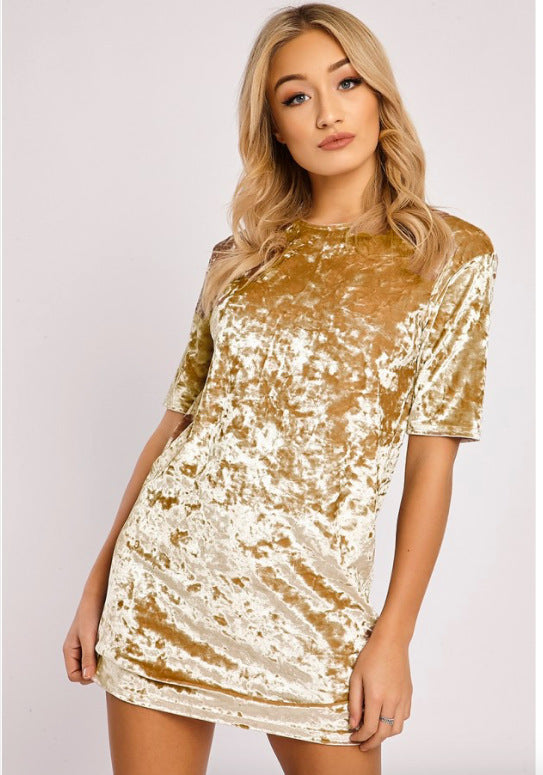 Summer Velvet Mini Short Sleeve Round Neck Dress