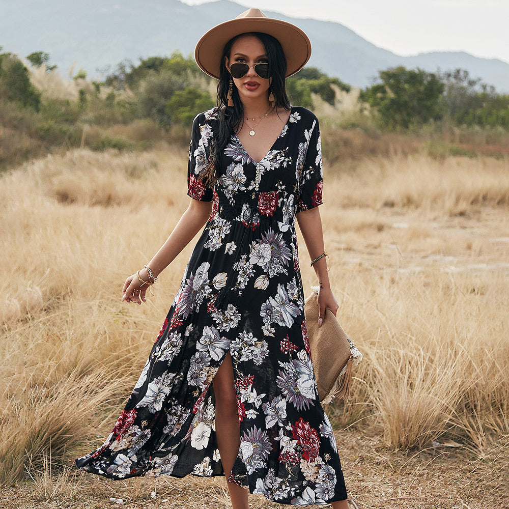 Floral Summer Beach Dress With V Neck and Elastic Waist