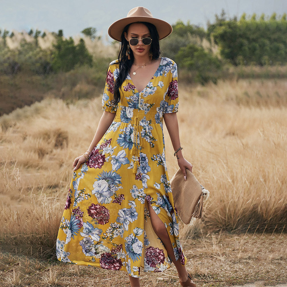 Floral Summer Beach Dress With V Neck and Elastic Waist
