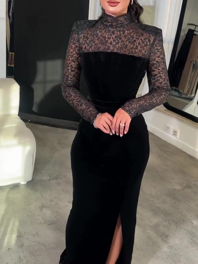 Black Long Sleeve Lace Velvet Dress Two Piece Set