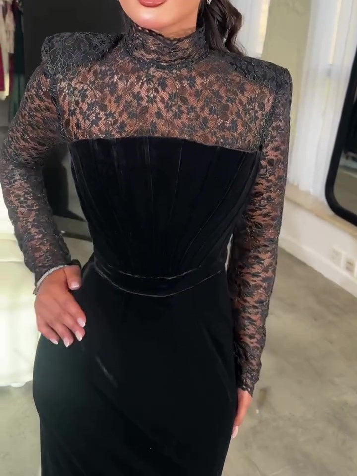 Black Long Sleeve Lace Velvet Dress Two Piece Set
