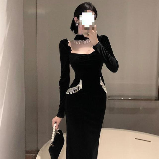 Puffy Sleeves Square Collar Pearl Velvet Dress