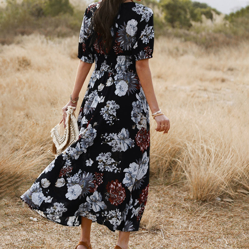 Floral Summer Beach Dress With V Neck and Elastic Waist