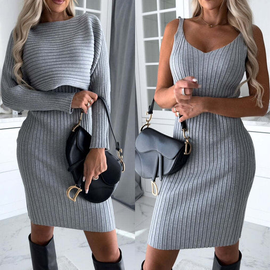 2pcs Suit - Solid Stripe Long-sleeved Top And Skirt