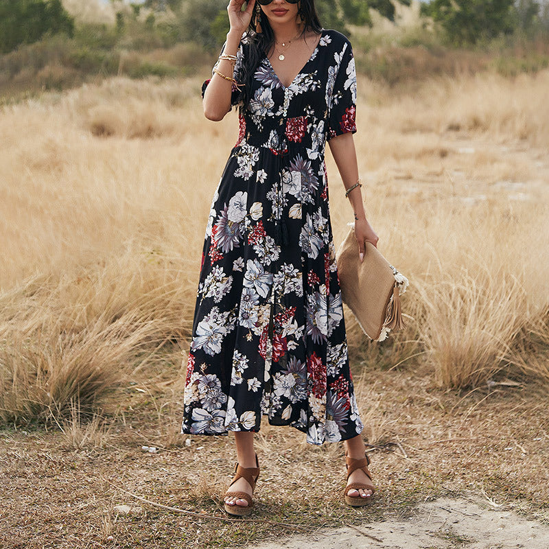 Floral Summer Beach Dress With V Neck and Elastic Waist